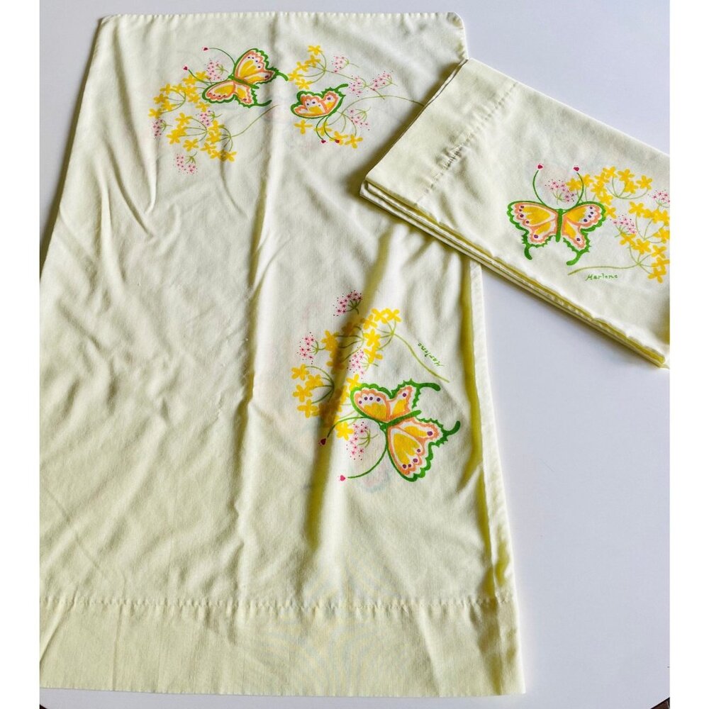Vintage 1970s pillowcases set, pair of yellow butterfly pillow shams, Tastemaker